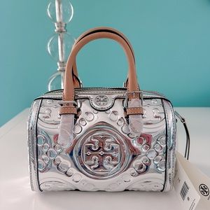 NWT! Tory Burch 	
T Monogram Embossed Metallic Barrel Petite Bag - Silver